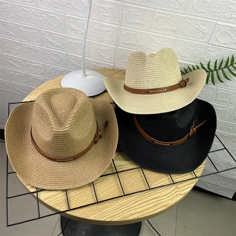 Wide Brim Straw Cowboy Hat Sun Protection for Summer