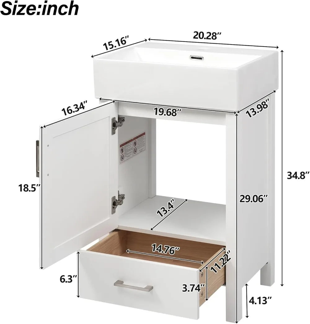 Freestanding Bathroom Vanity With Ceramic Sink, Soft Closing Door