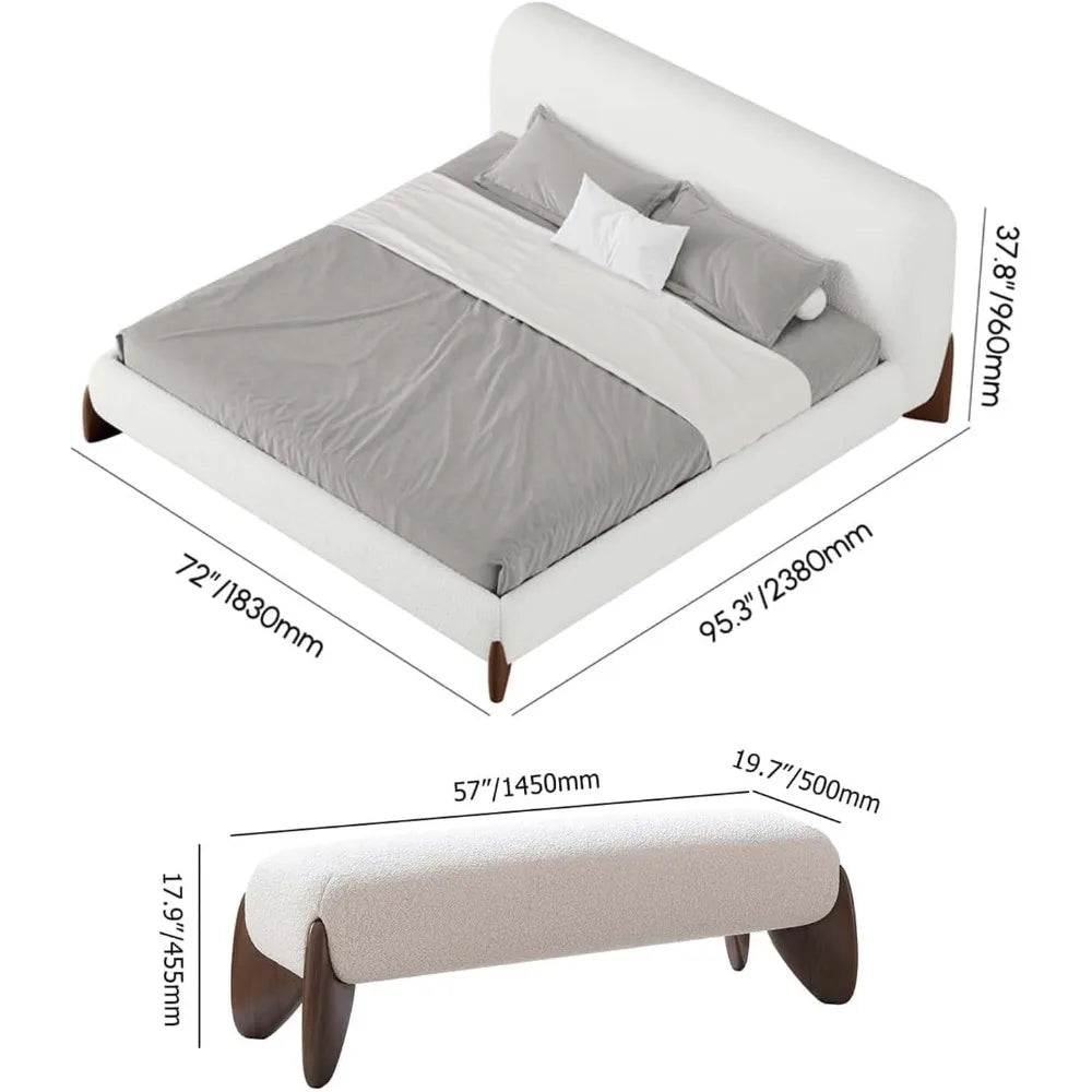 Ticify Curva Modern Boucle Platform Bed Set Bedroom Bench