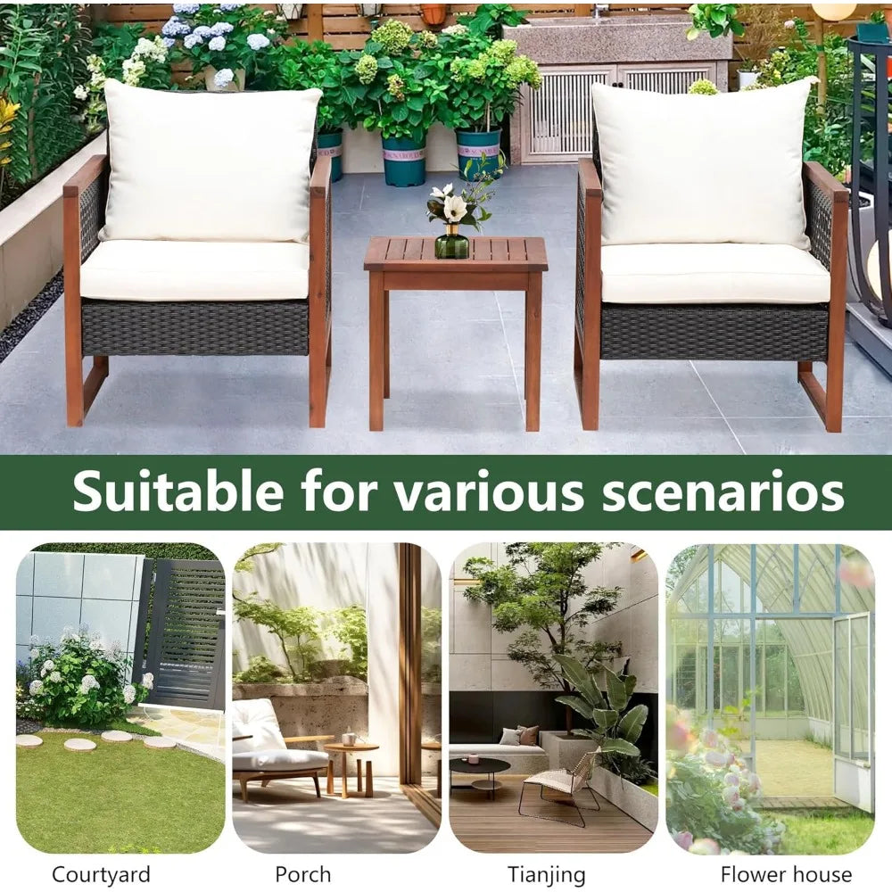 Modern Rattan Bistro Patio Set With Acacia Wood Frame