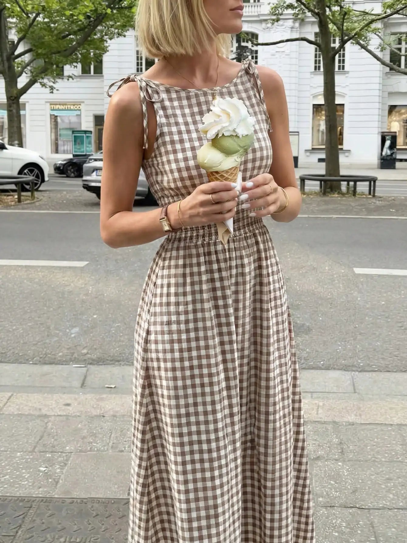 Gingham Maxi Dress With Bow Tie Straps Smocked Waist