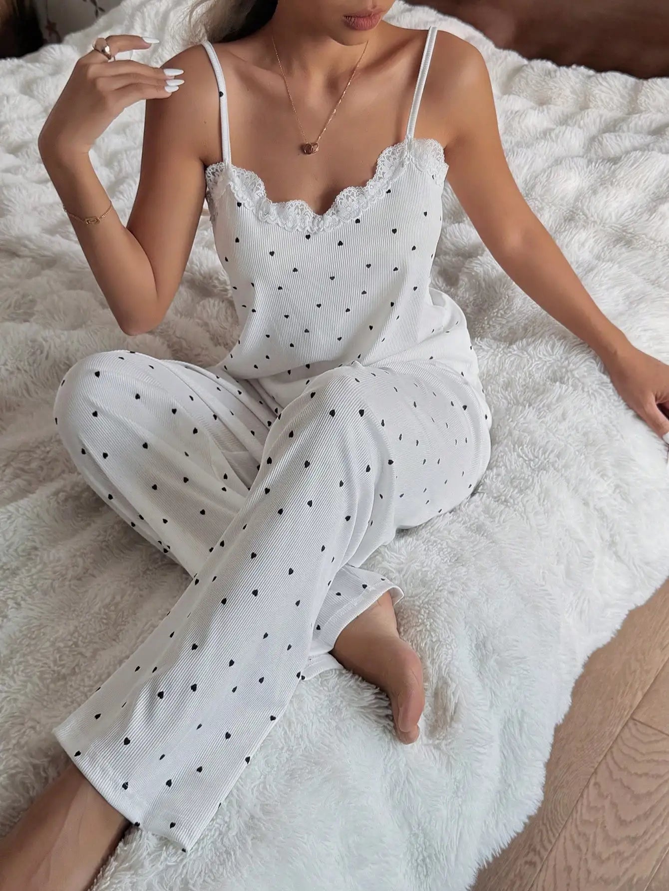 Women's Heart Print Lace Trim Camisole Pajama Set Comfort
