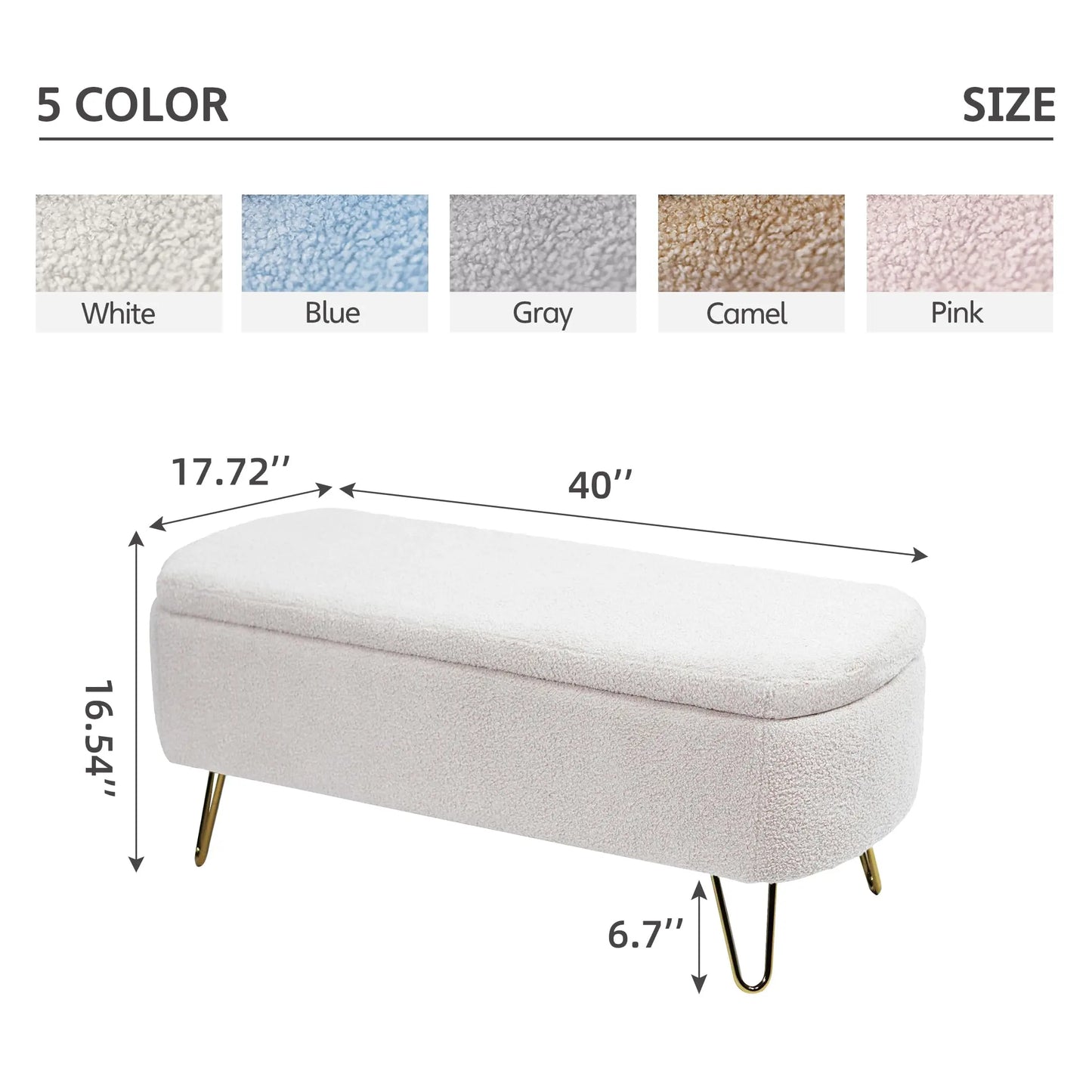 TODRAN LuxuriouslyCrafted Boucle Sherpa Upholstered Storage Ottoman Bench Gold Legs