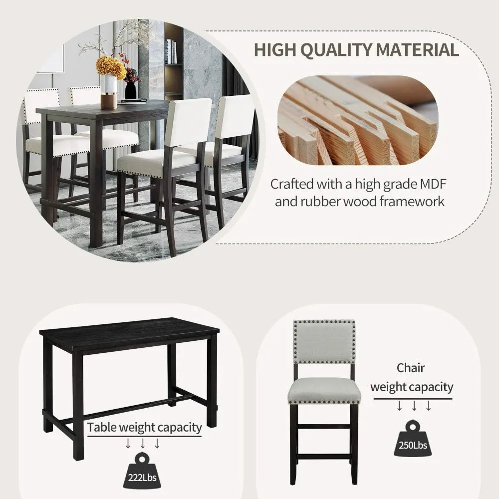 5 Piece Counter Height Dining Set For Four Cushioned Chairs