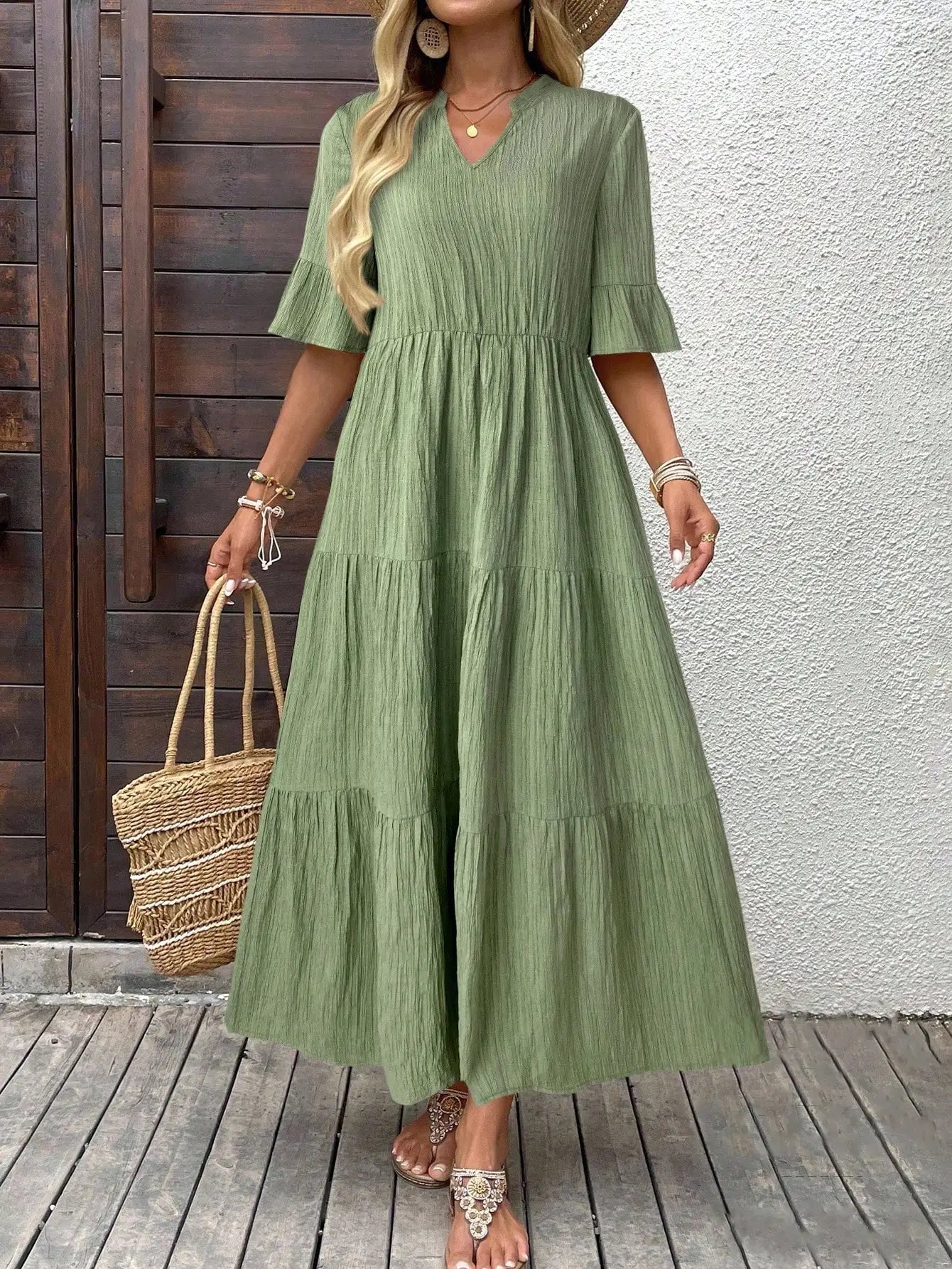 Women's Solid Color Casual Tiered Maxi Dress V-Neck A-Line