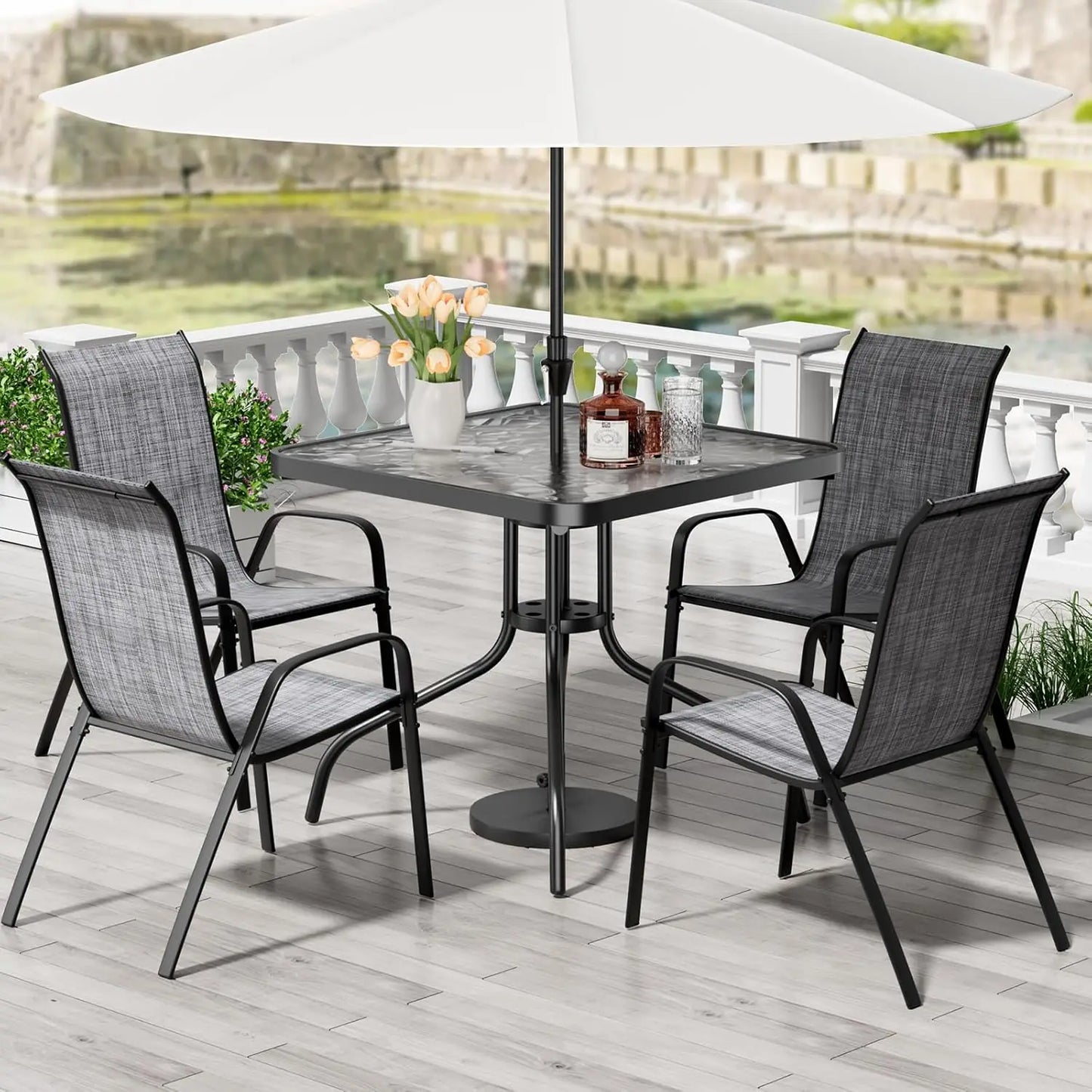 All Weather Patio Dining Set With Table And Four Textilene Chairs