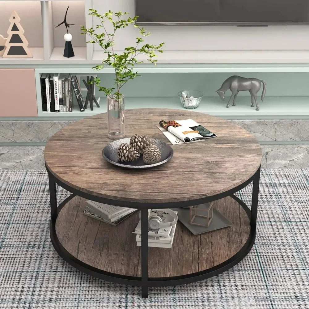Round Coffee Table With Storage Shelf Wood Top Metal Legs
