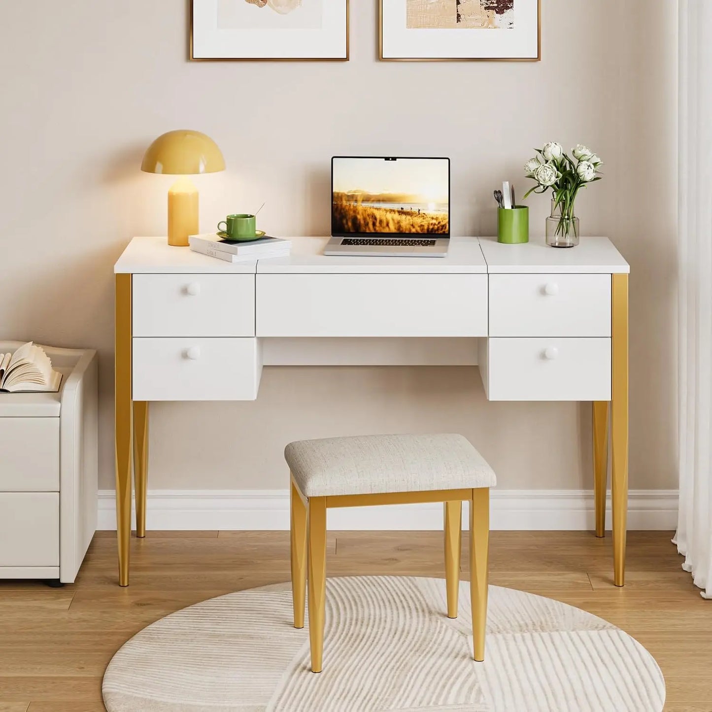 HiMISS Makeup Vanity Desk With Flip Top Mirror LED Lights