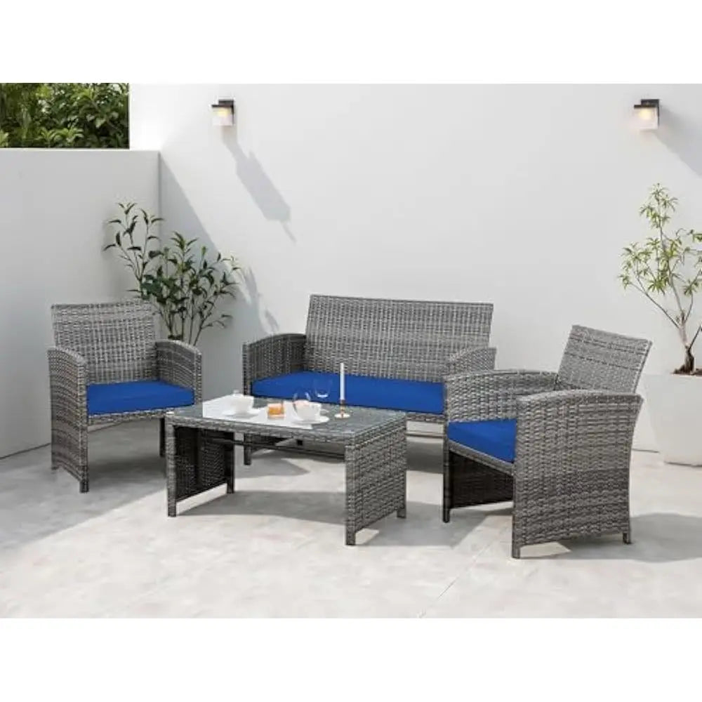 Folded Rattan Patio Set 4 Piece Outdoor Furniture Cushions