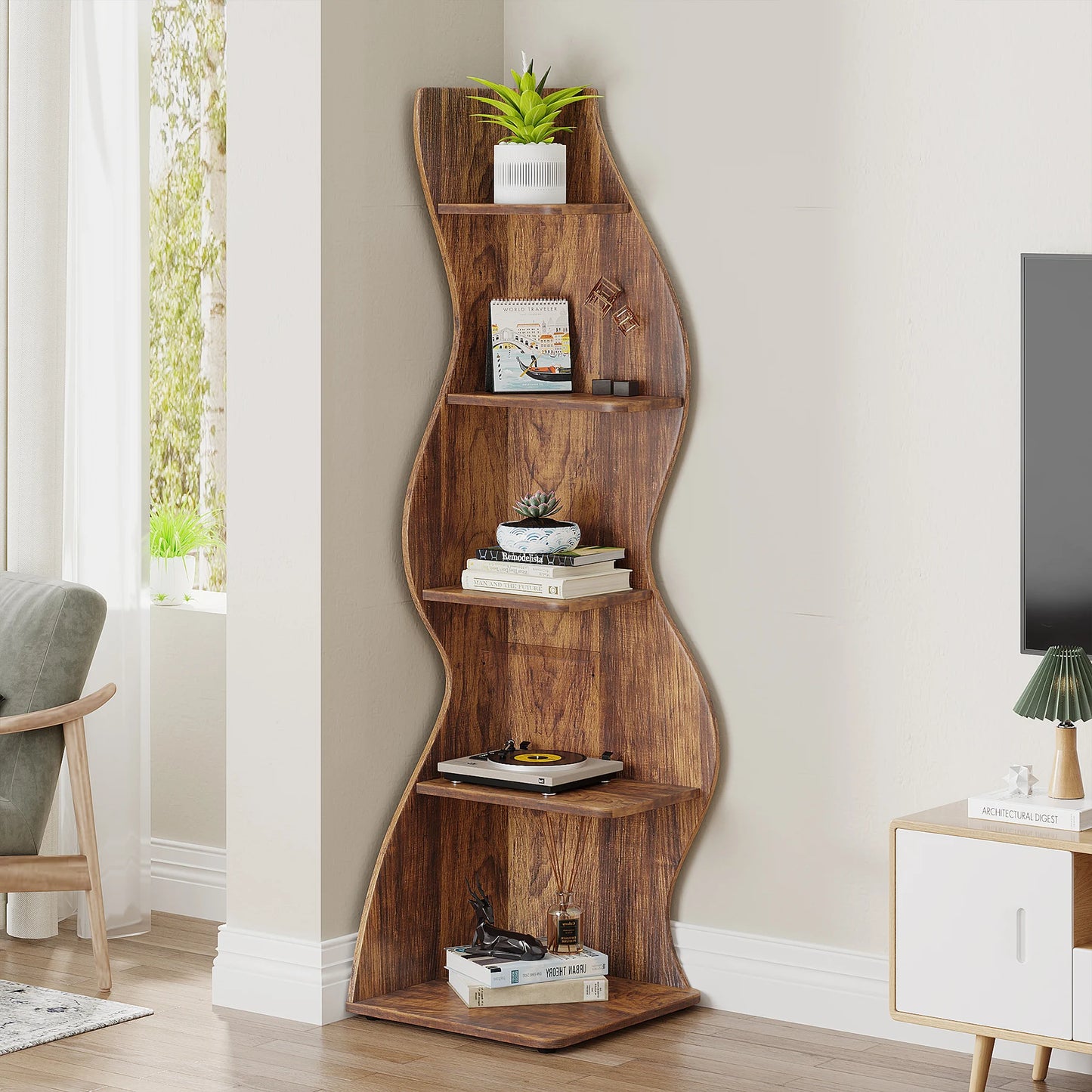 Tribesigns Rustic Five Tier Corner Bookshelf Wall Shelf Living Room