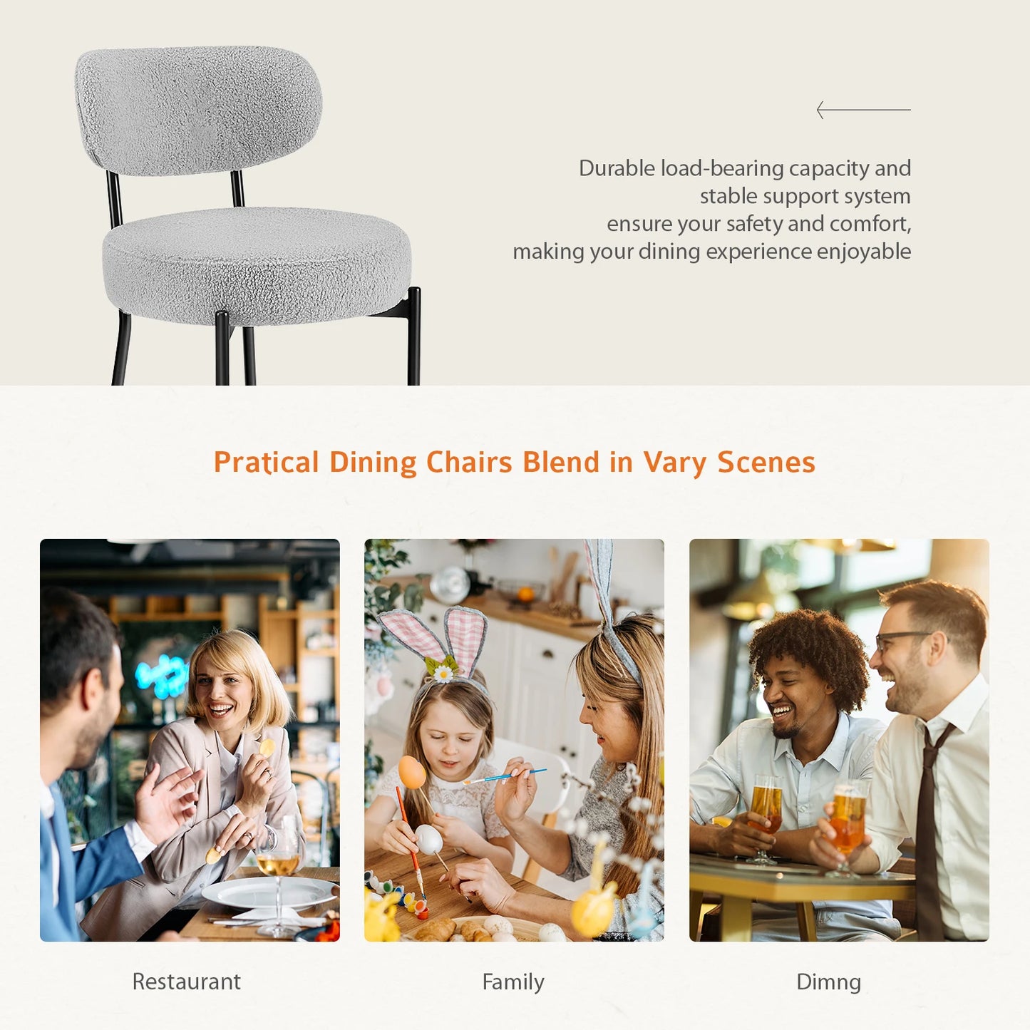 JHK Ergonomic Round Dining Chairs, Plush Fabric, 2-Pack, Metal Legs
