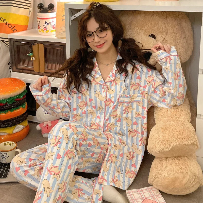 Korean Style Long Sleeve Pajama Set For Women Sleepwear Homewear