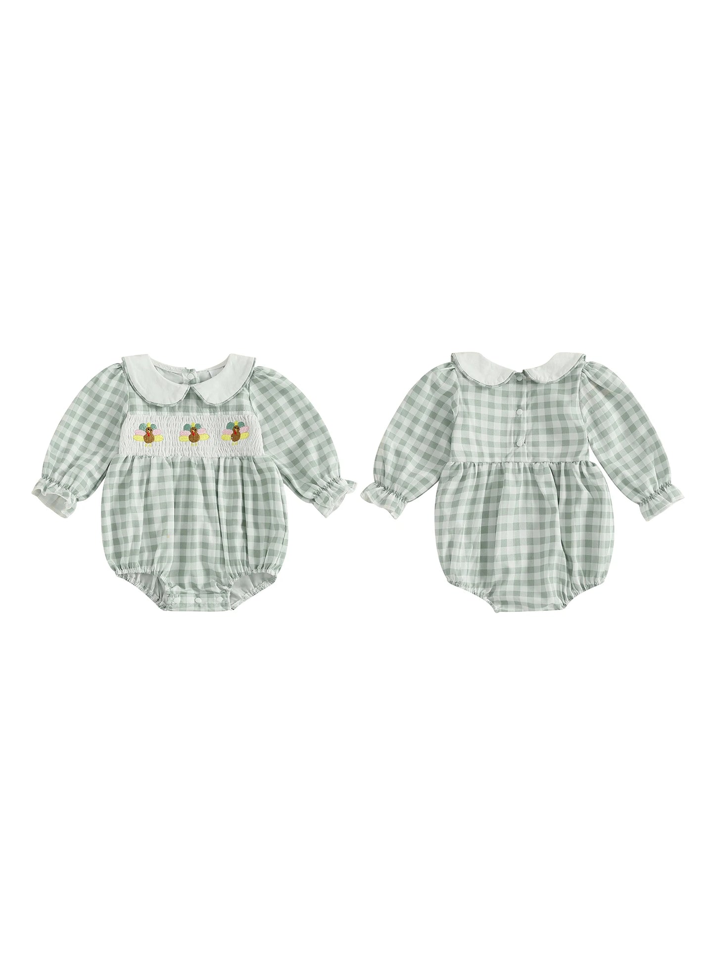 Thanksgiving Turkey Embroidered Long Sleeve Romper With Doll Collar