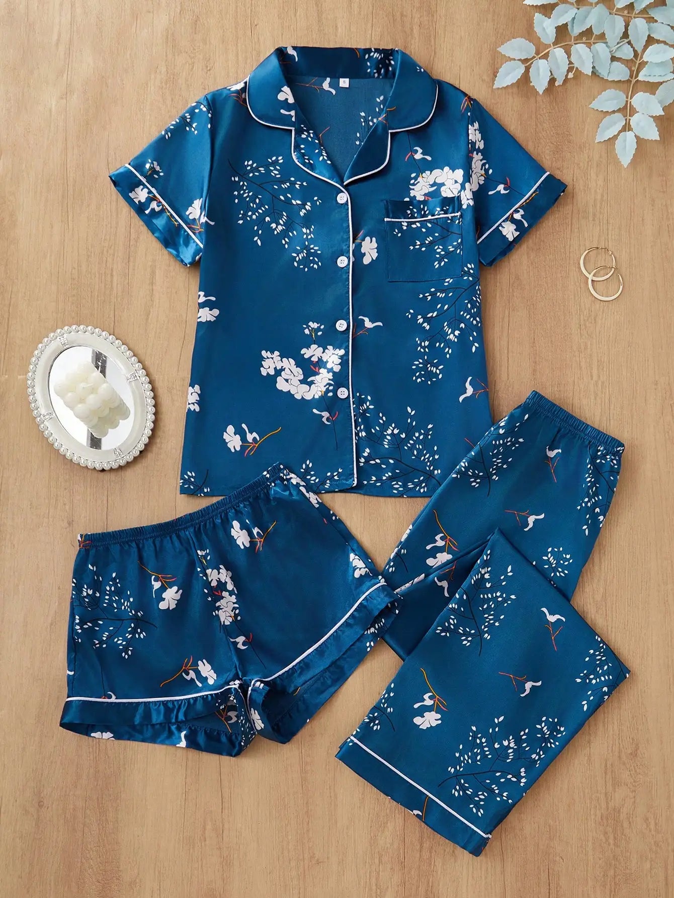 Faux Silk Pajama Set For Women Button-Down Top And Pants