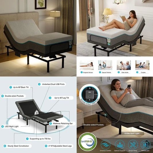 Adjustable Bed Frame With Gel Memory Foam Mattress Box