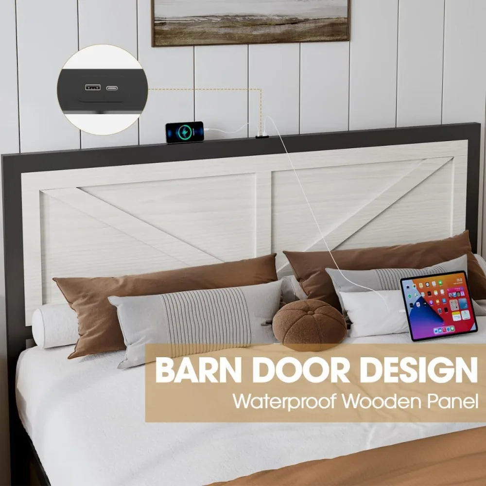 MKDK Bed Frame With Barn Door Headboard LED Lighting