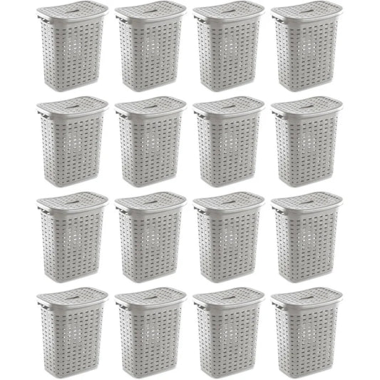 Portable Slim Plastic Wicker Style Laundry Hamper With Lid