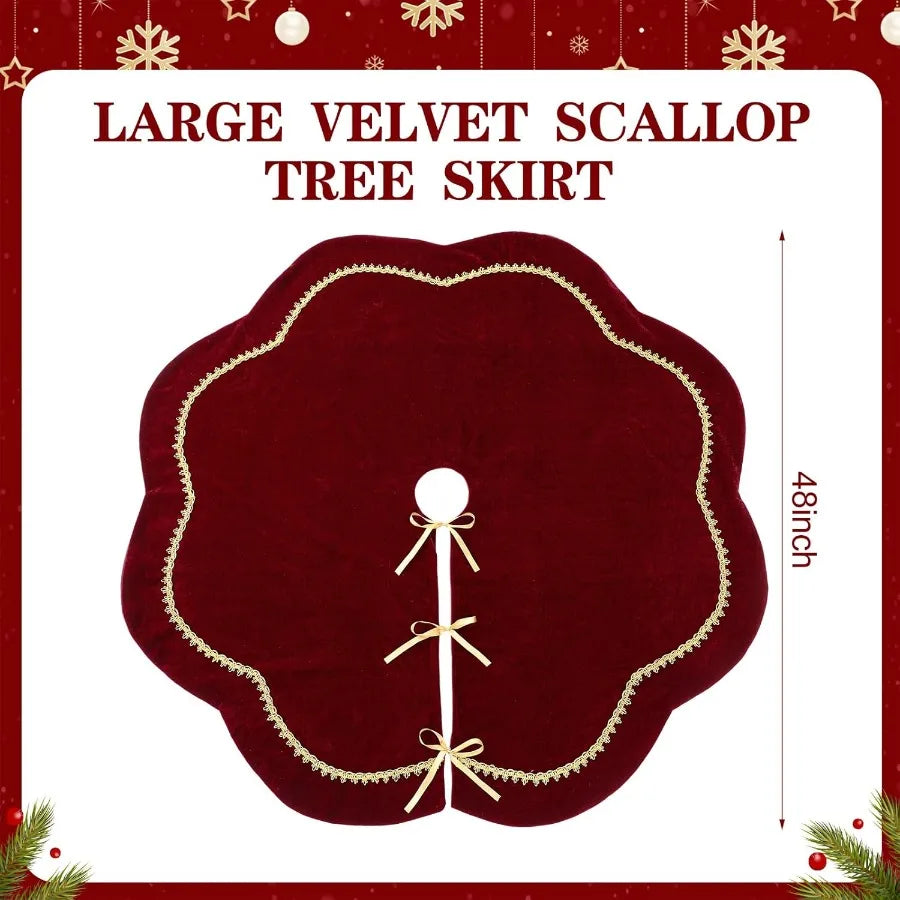 Lux Velvet Fur Scallop Christmas Tree Skirt With Gold Trim