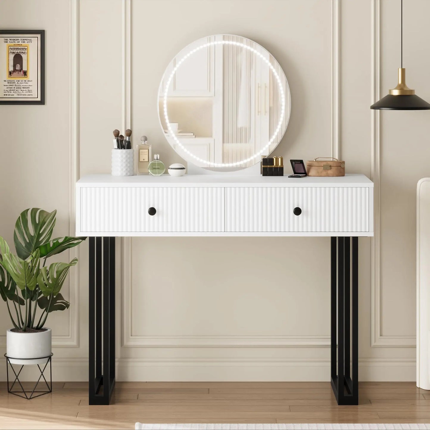HiMISS Vanity Desk With LED Mirror And Lights 2 Drawers
