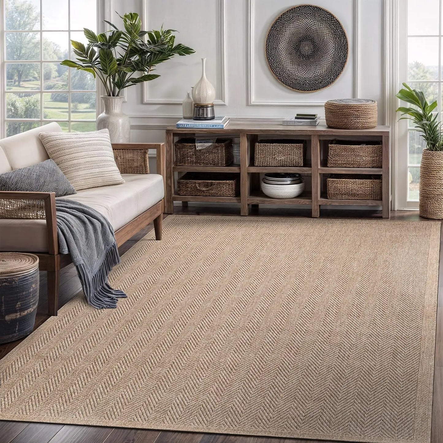 Natural Fiber Seagrass Herringbone Area Rug for Indoor Outdoor