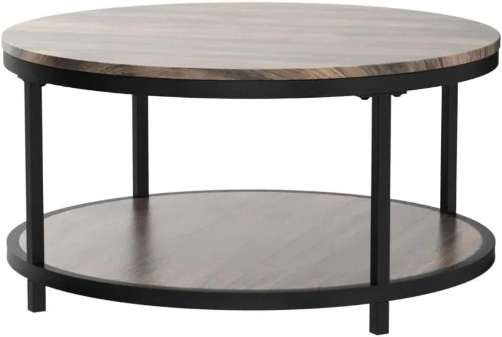 Round Coffee Table With Storage Shelf Wood Top Metal Legs