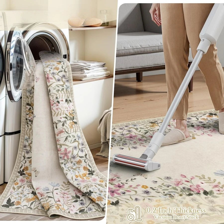 Washable Floral Area Rug Non Slip Entryway And Living Room