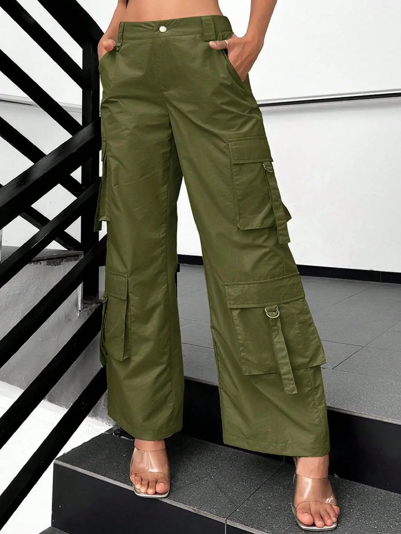 NONECN Ladies High-Waisted Wide-Leg Work Pants With Pockets