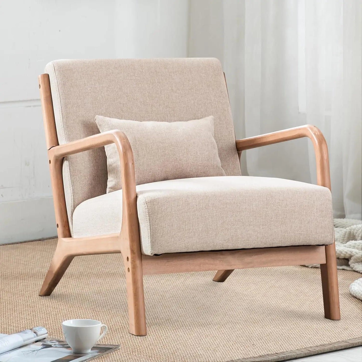 Medieval Modern Wood Frame Armchair Padded Seat And Waist Cushion