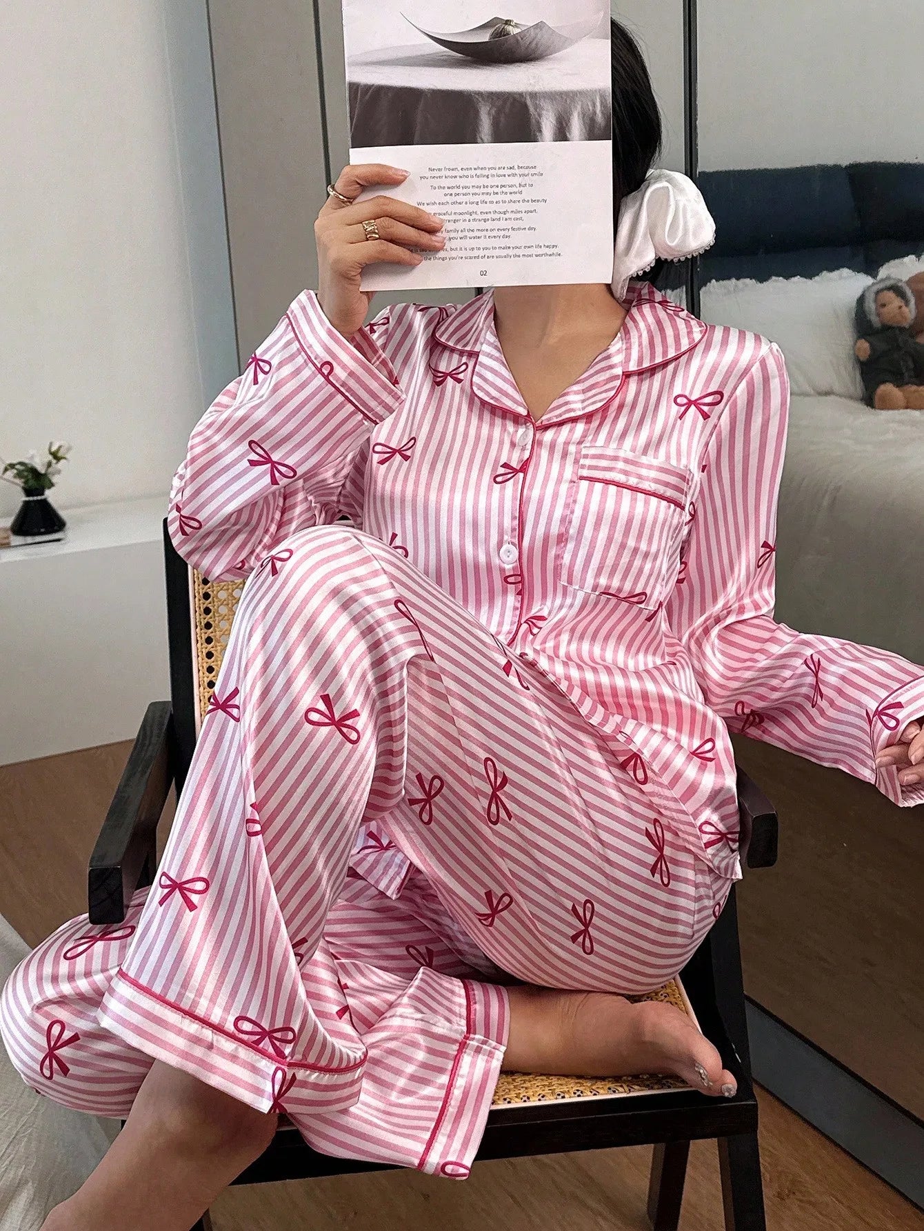 Women's Striped Satin Pajama Set With Bow Print Long Sleeve Top And Pants