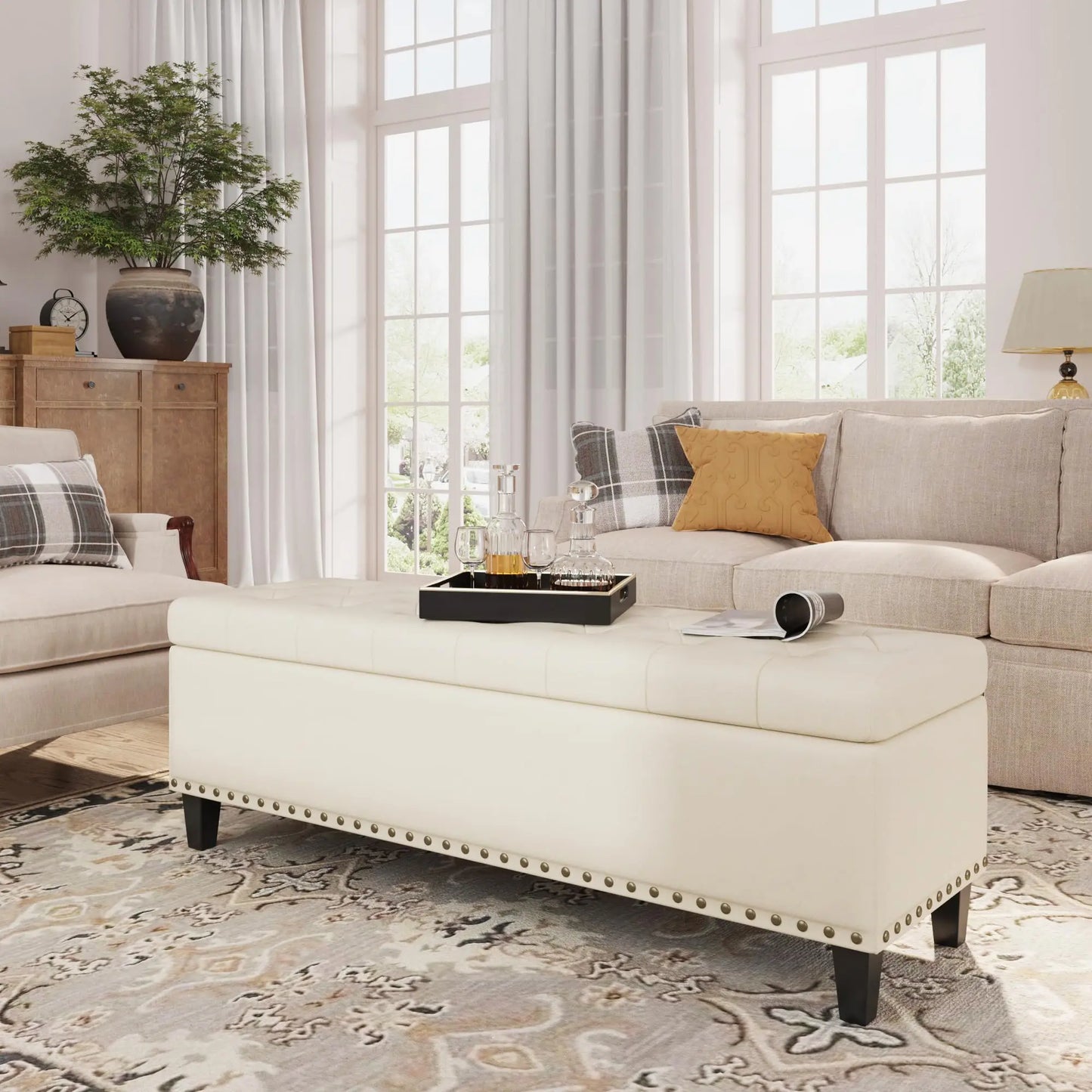 Vabches Faux Leather Storage Ottoman Bench For Living Room
