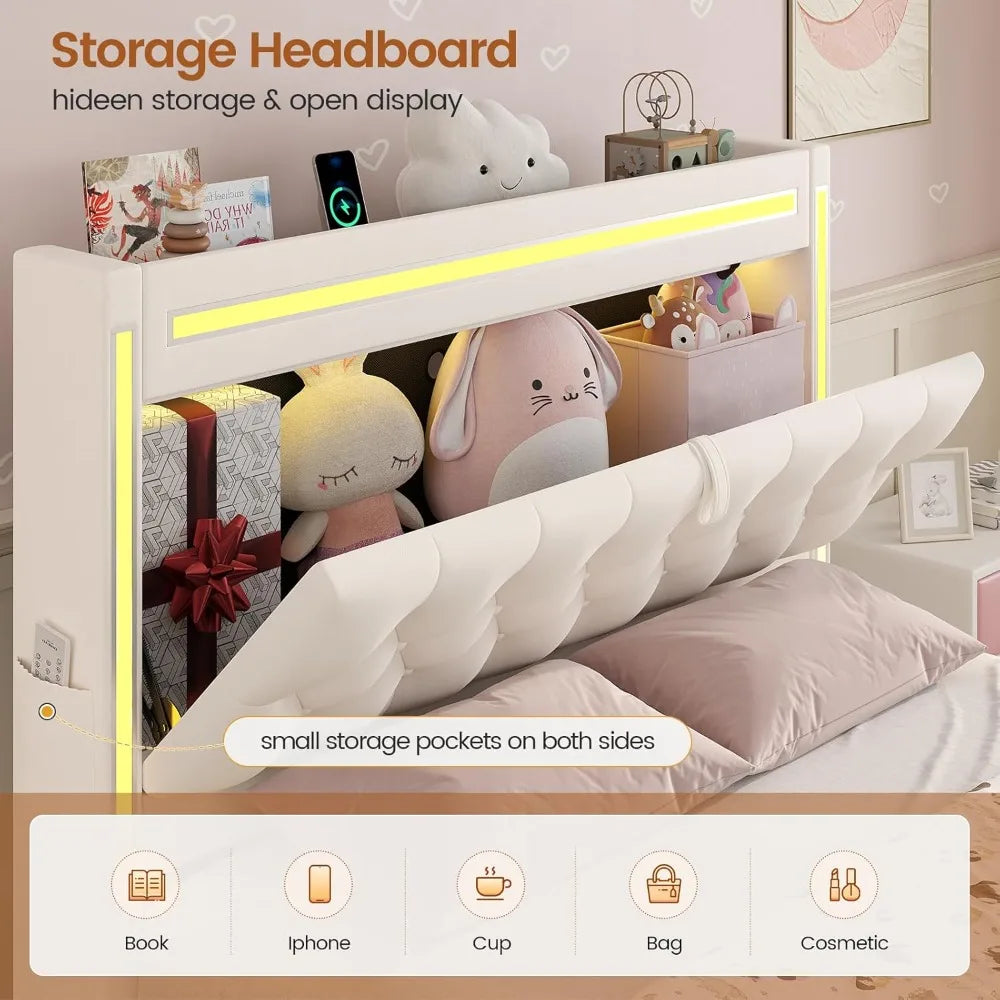 LED Bed Frame With Storage Drawers And Charging Station