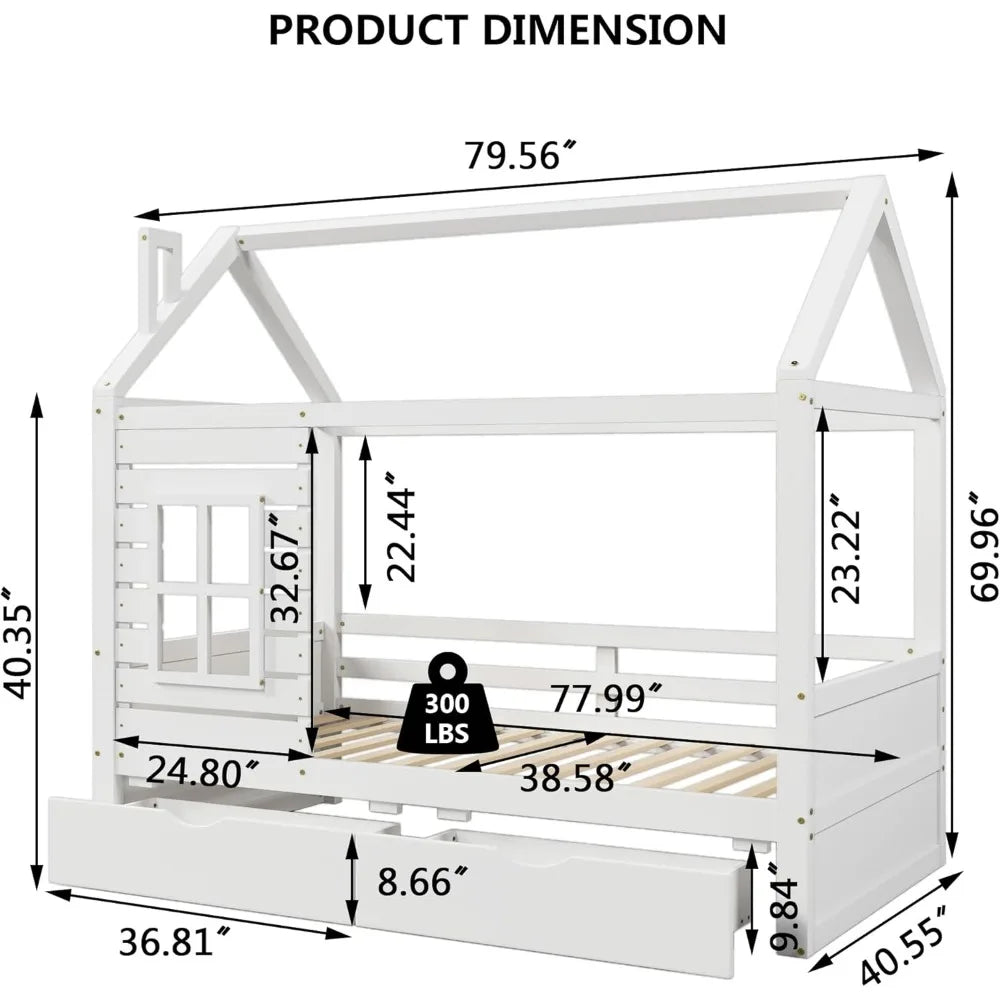MKDK Kid House Bed Frame With Window And Roof With 2 Drawers