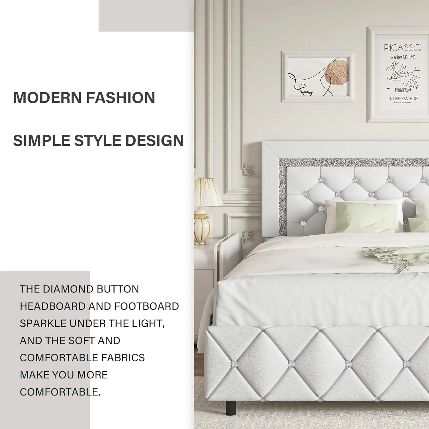 Guangbai Faux Leather Diamond Tufted Platform Bed Frame With Headboard
