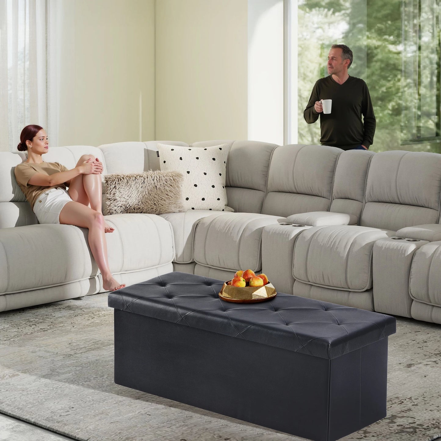 JHK Leather Storage Ottoman Bench With Toy Box Living Room