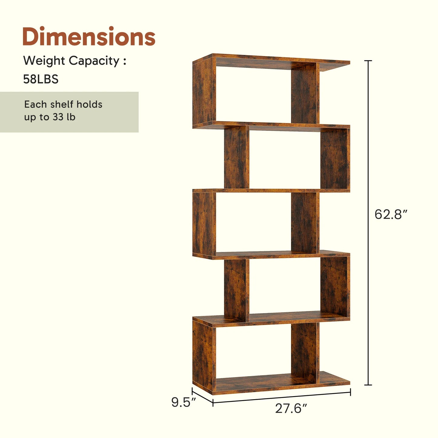 JHK Geometric S Shaped 5 Tier Wooden Bookcase Storage Shelf