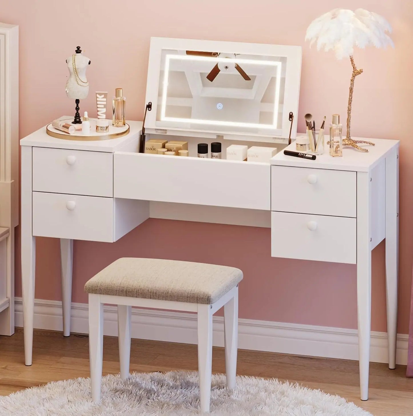 HiMISS Makeup Vanity Desk With Flip Top Mirror LED Lights