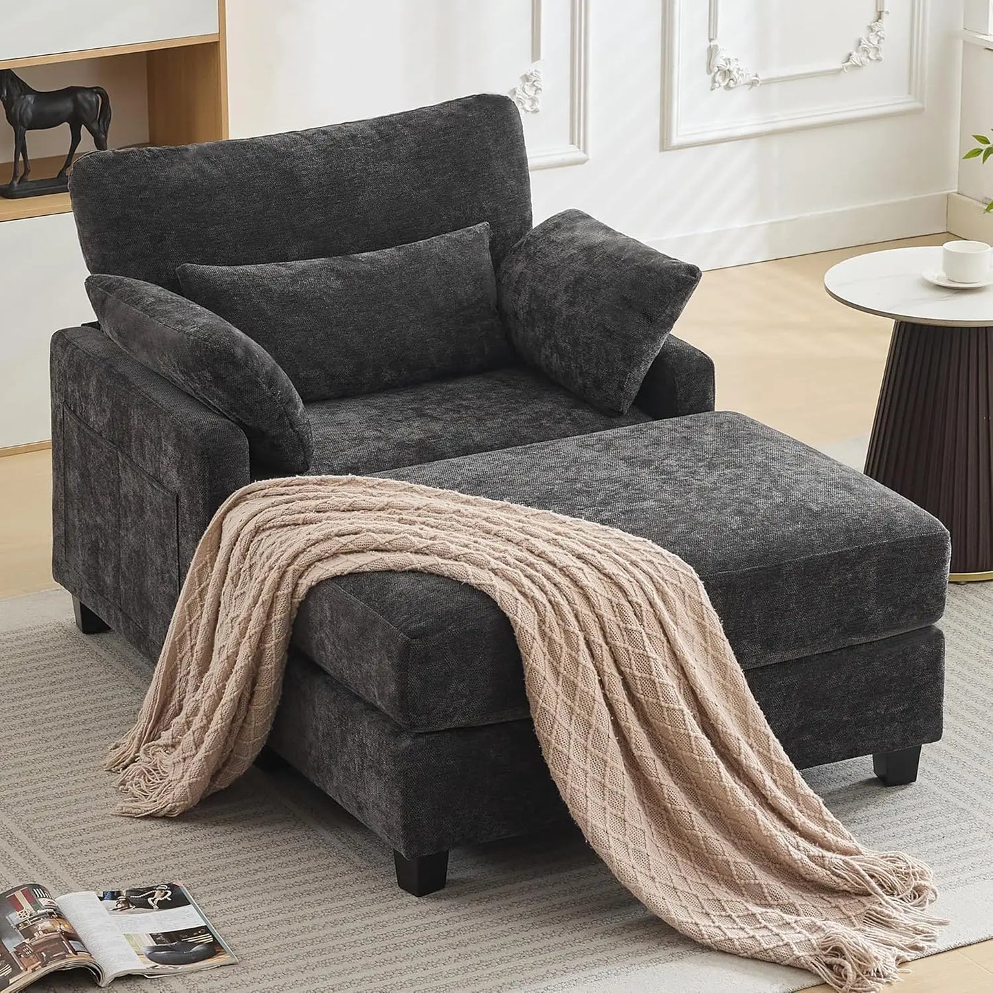 HUANZHUANG Chaise Lounge With Ottoman Chenille Upholstered Sofa Bed