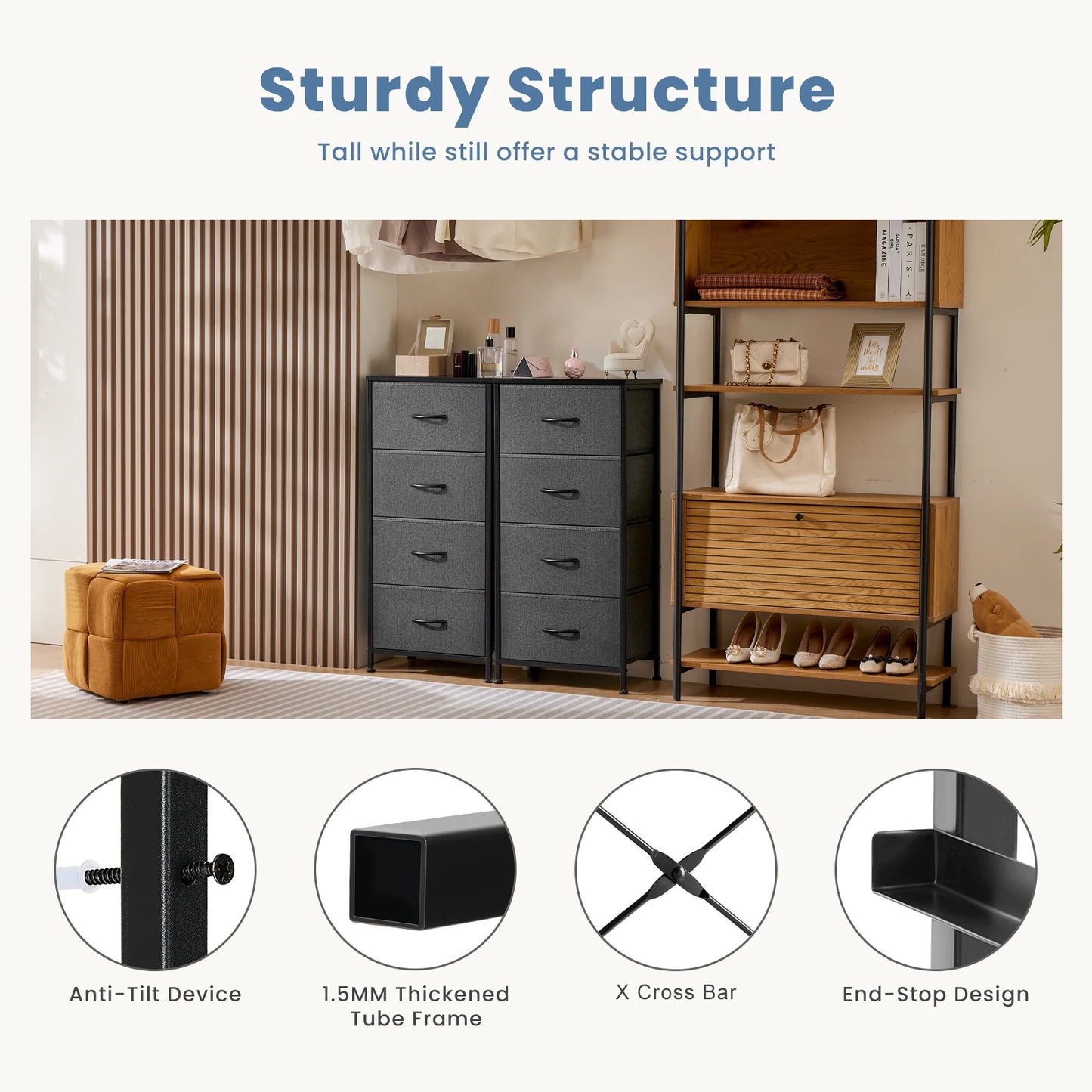 JHK Modern Dresser With Four Fabric Drawers Steel Frame