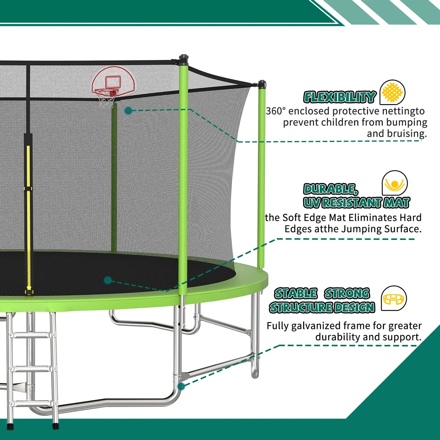 Outdoor Trampoline With Balance Bar And Basketball Hoop Enclosure Net