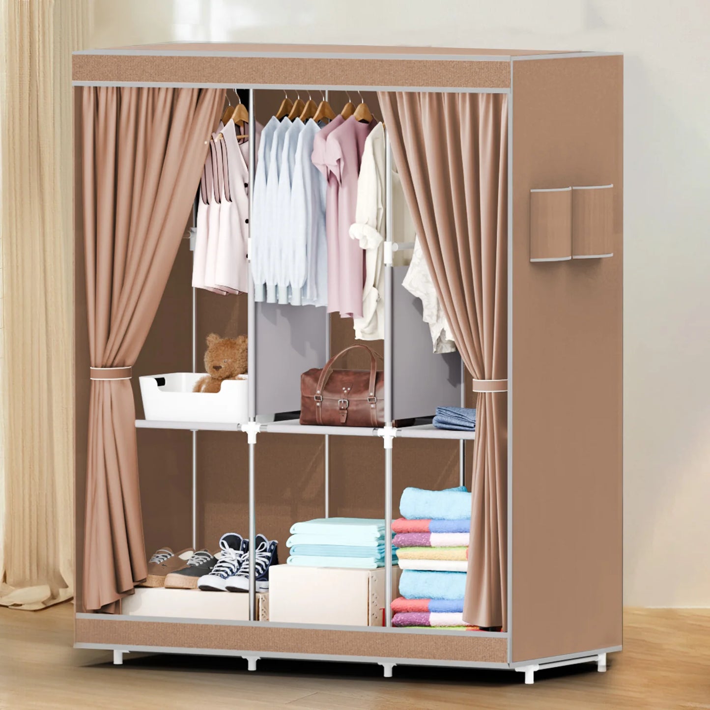 Portable Closet Wardrobe With Metal Frame And Nonwoven Fabric Cover