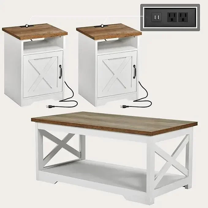 Farmhouse Style 3 Piece Living Room Set With USB Ports