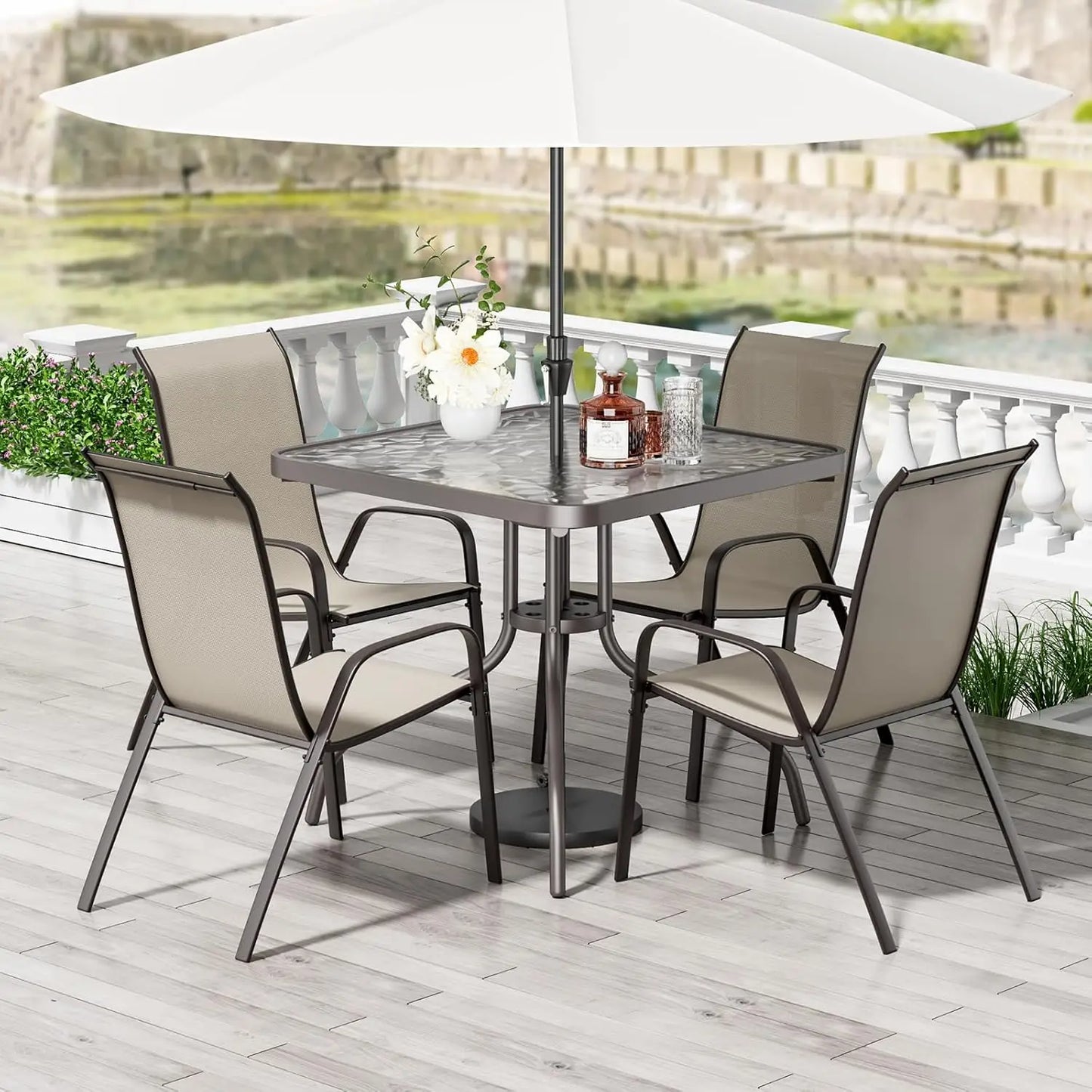All Weather Patio Dining Set With Table And Four Textilene Chairs