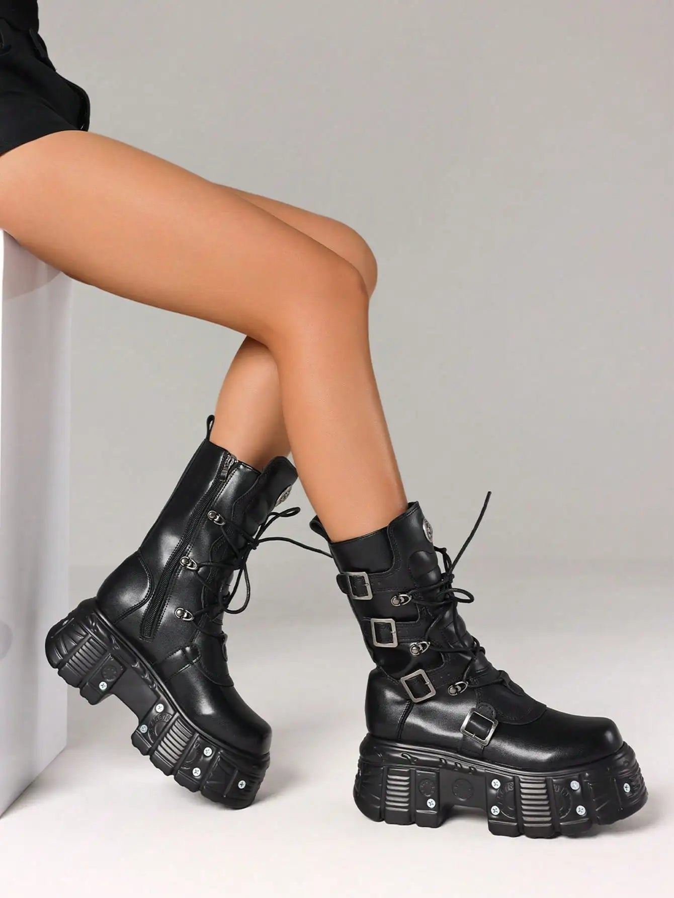 Gothic Womens Combat Boots With Chunky Heels Zip Buckle