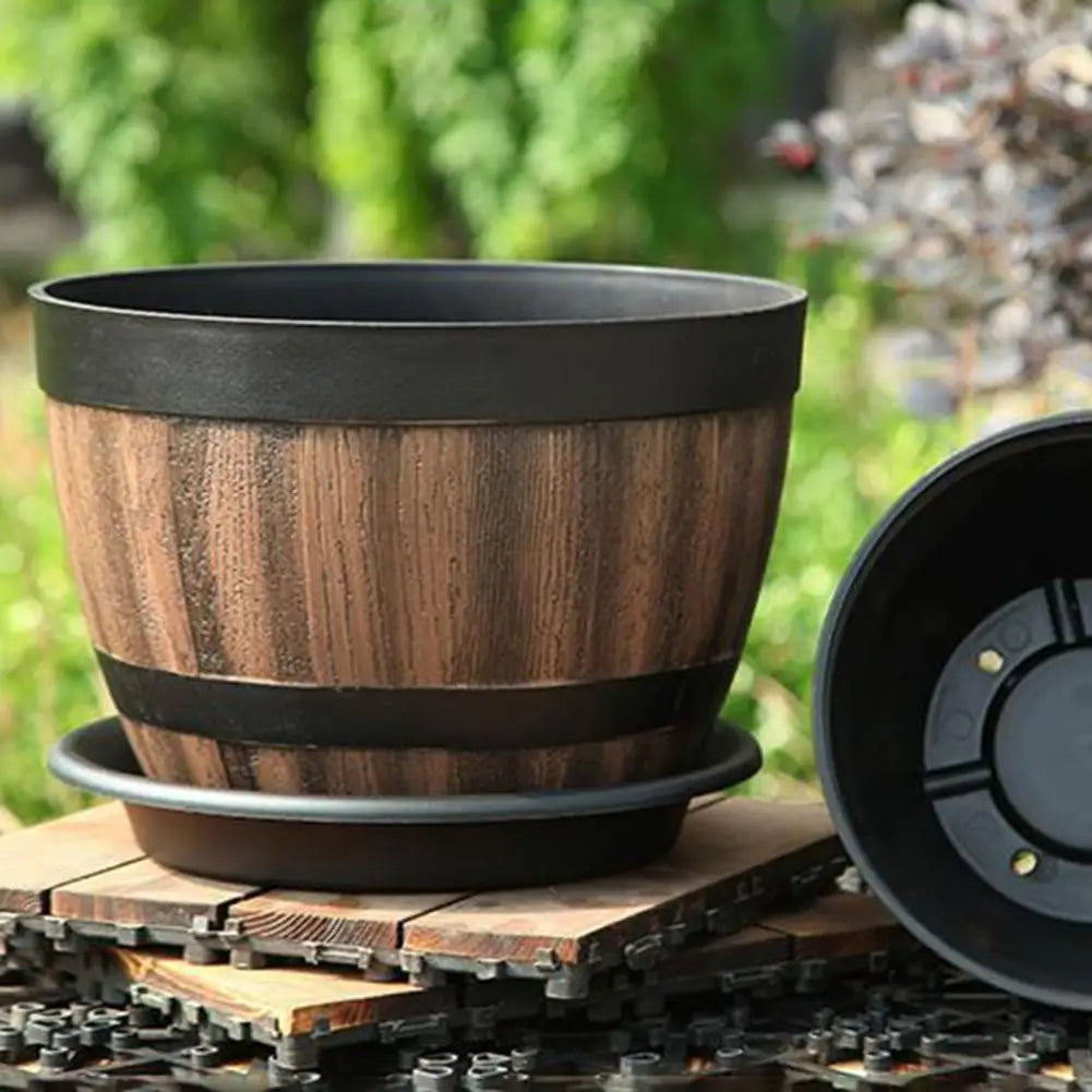 Rustic Farmhouse Whiskey Barrel Planter Plastic Flower Pot With Drainage