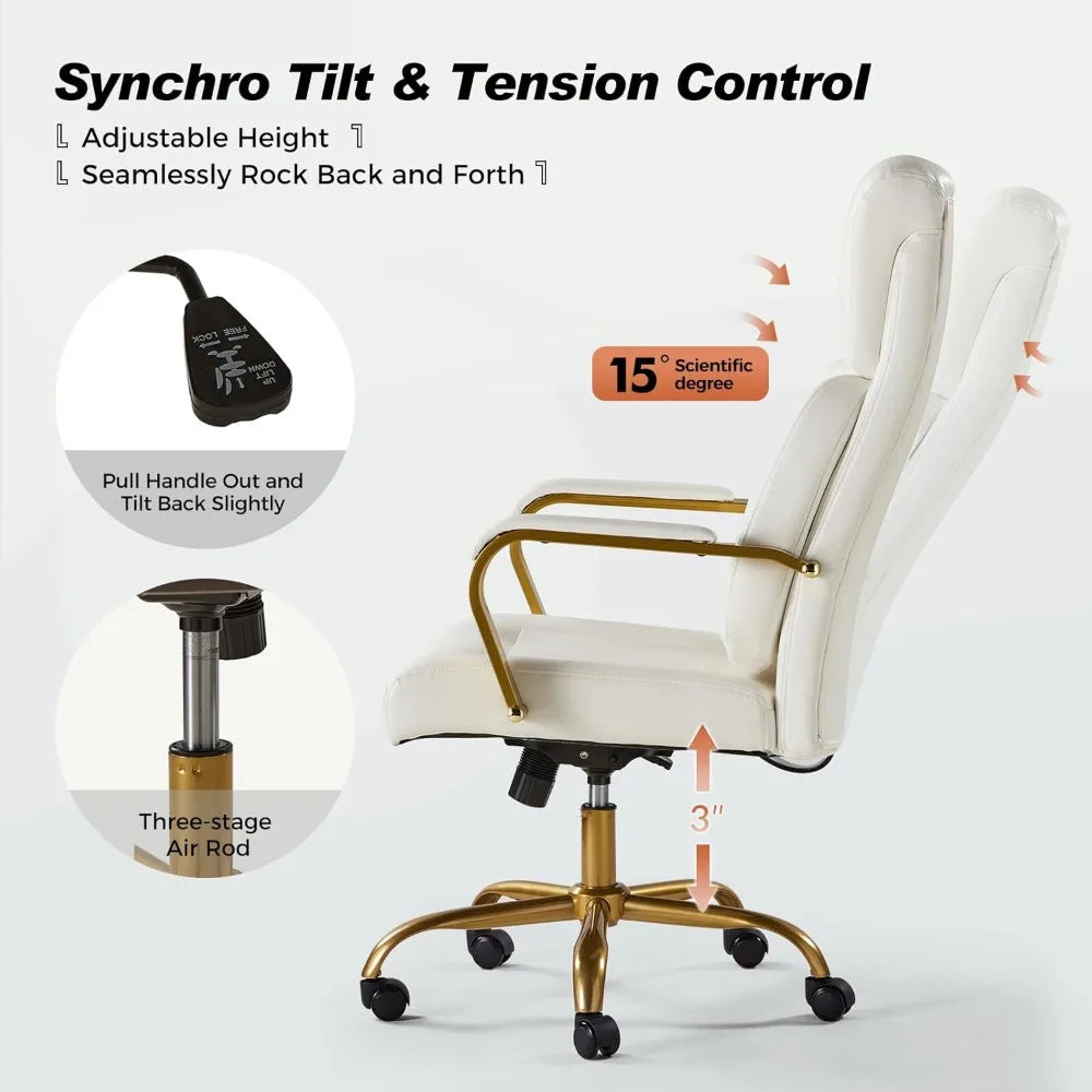 HUANZHUANG Executive Office Chair With Adjustable Lumbar Support Leather Ergonomic Chair Padded Armrests Tilt