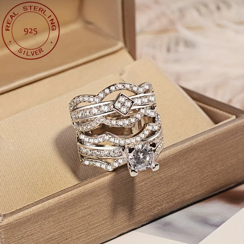 WPOOCC 925 Sterling Wedding Ring Set Halo Vintage Bridal Jewelry