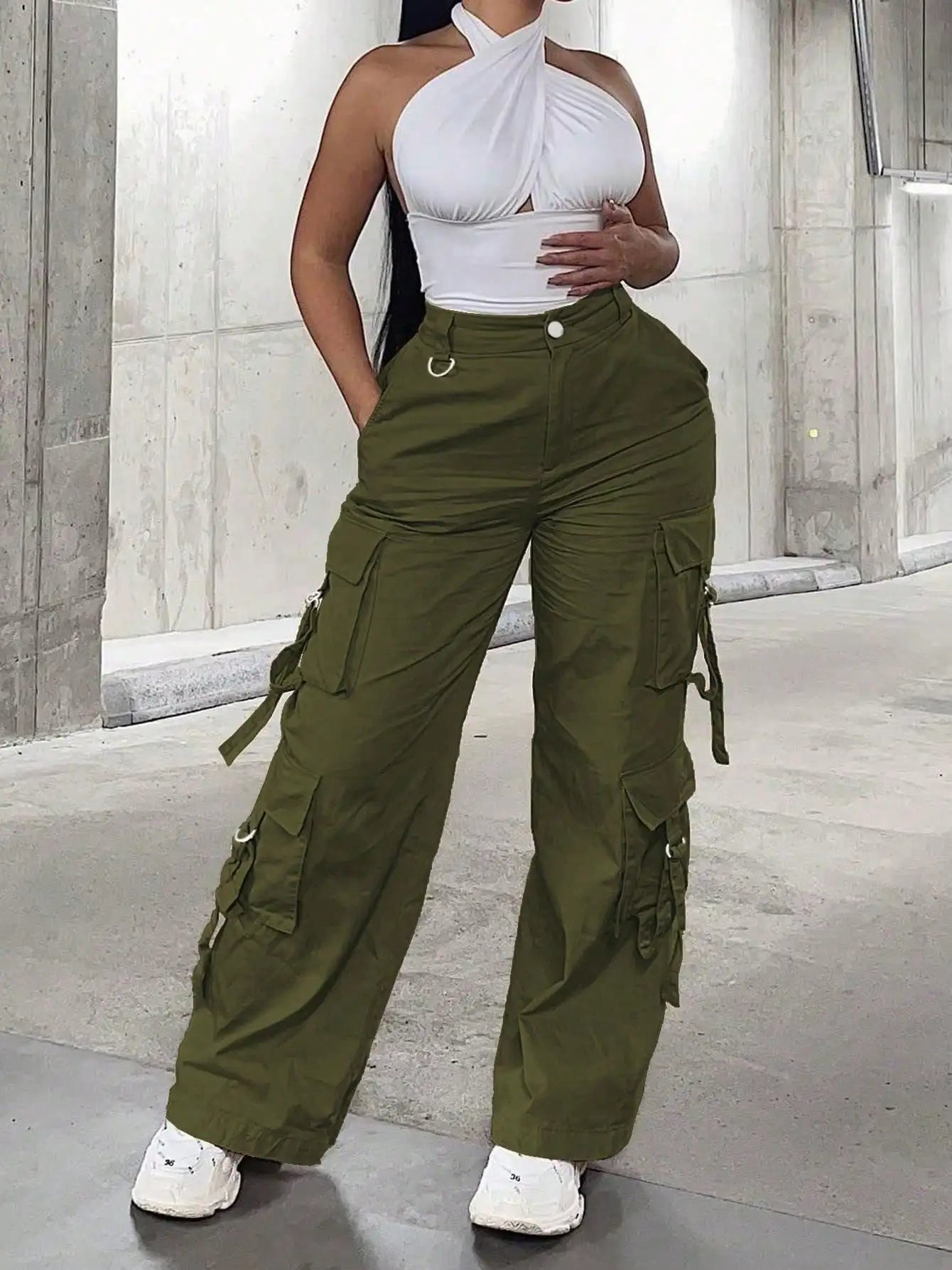 NONECN Ladies High-Waisted Wide-Leg Work Pants With Pockets