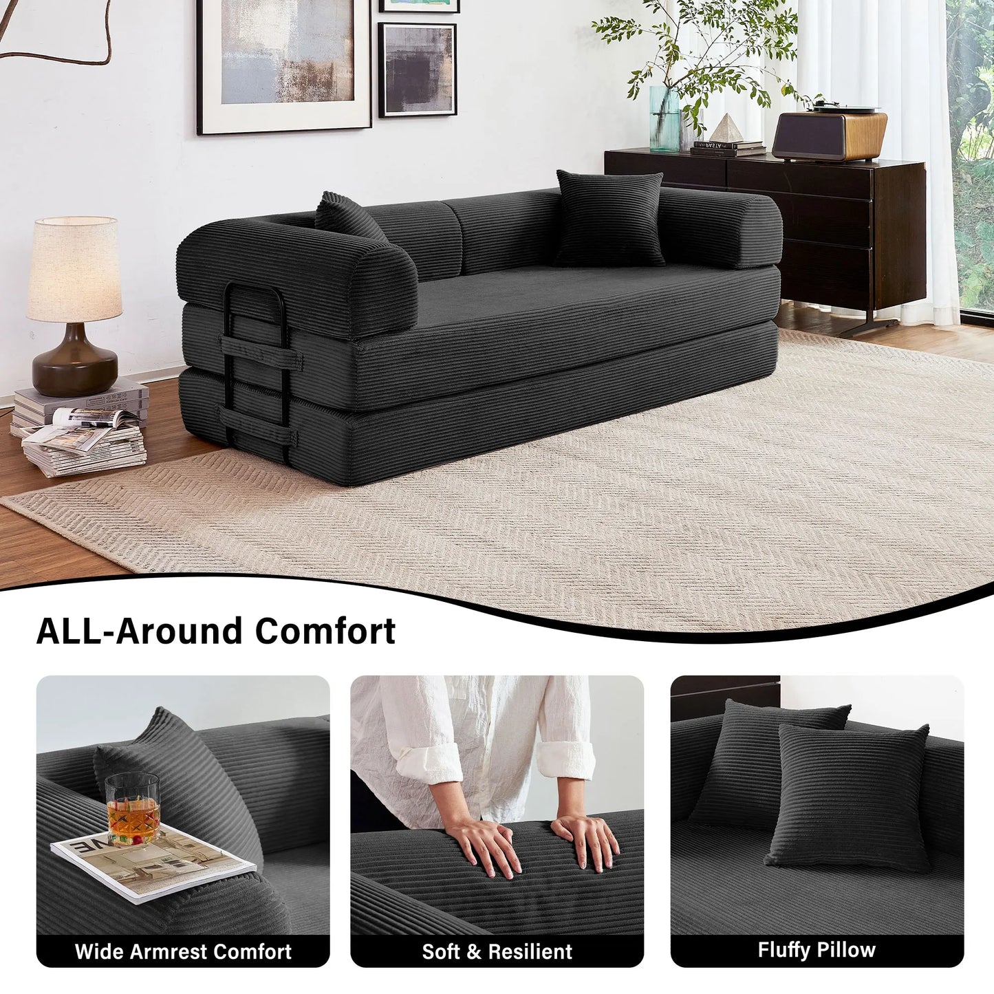 Foldable Convertible Futon Sofa Bed With L-Shaped Armrests Living Room