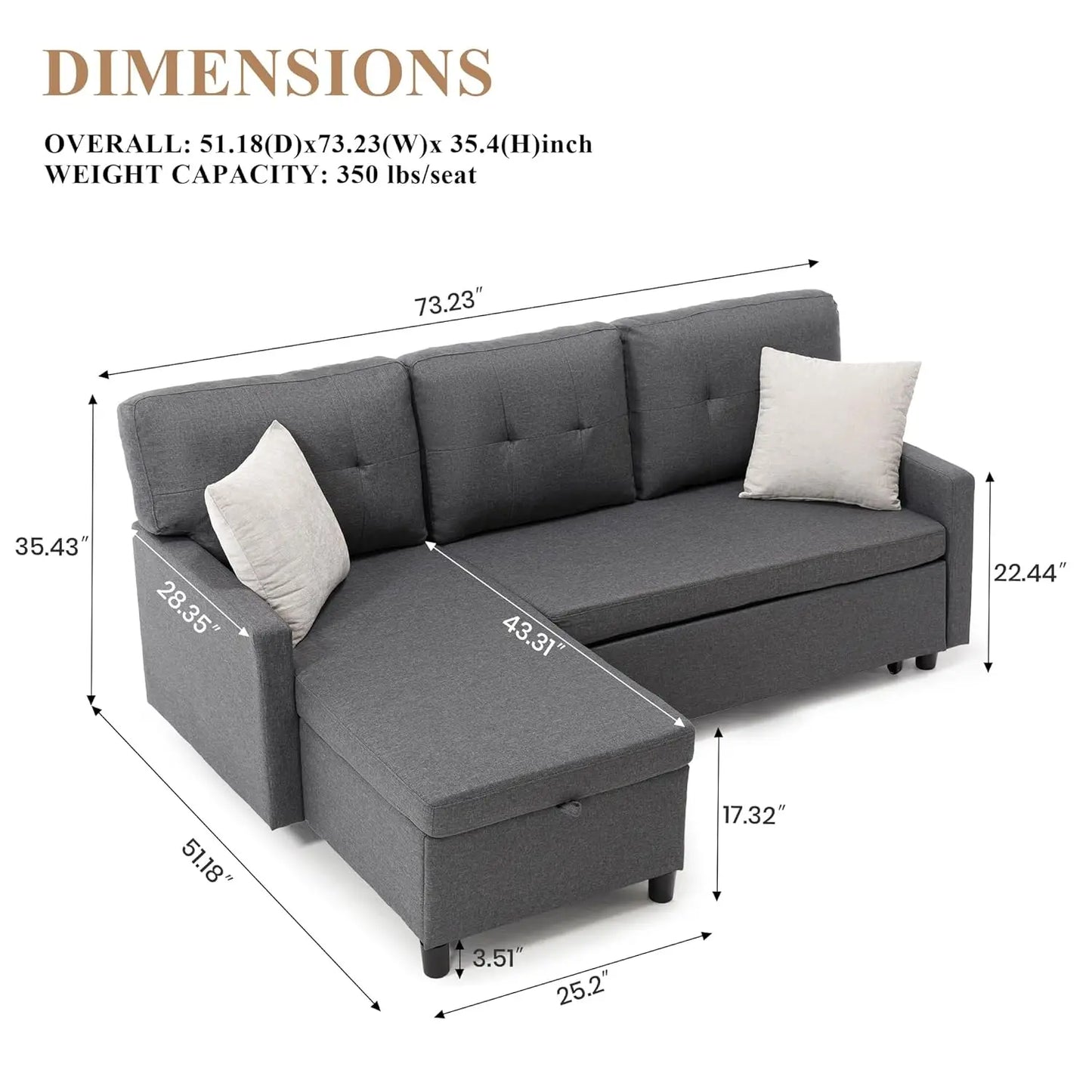 HUANZHUANG Sleeper Sofa with Storage Chaise L Shaped Sectional