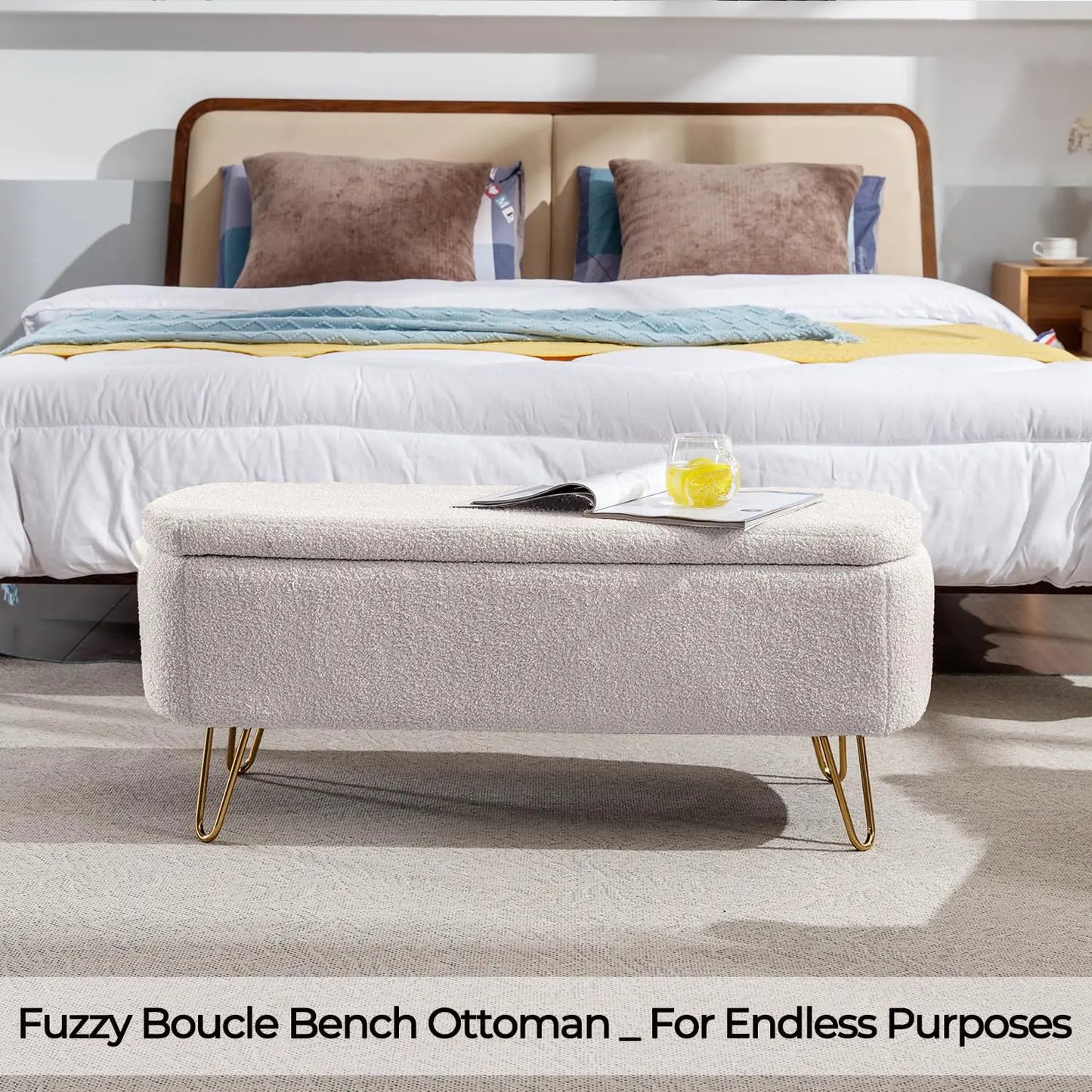 TODRAN LuxuriouslyCrafted Boucle Sherpa Upholstered Storage Ottoman Bench Gold Legs